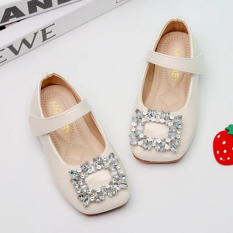 Girls Leather Shoes Korean Style Rhinestones Princess Mary Jane Kids Fashion Flats Hook & Loop Simple Girls Spring Flats Elegant