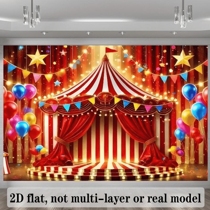 2D planar circus-themed background fabric, creating a cheerful and lively circus atmosphere, made of durable polyester material