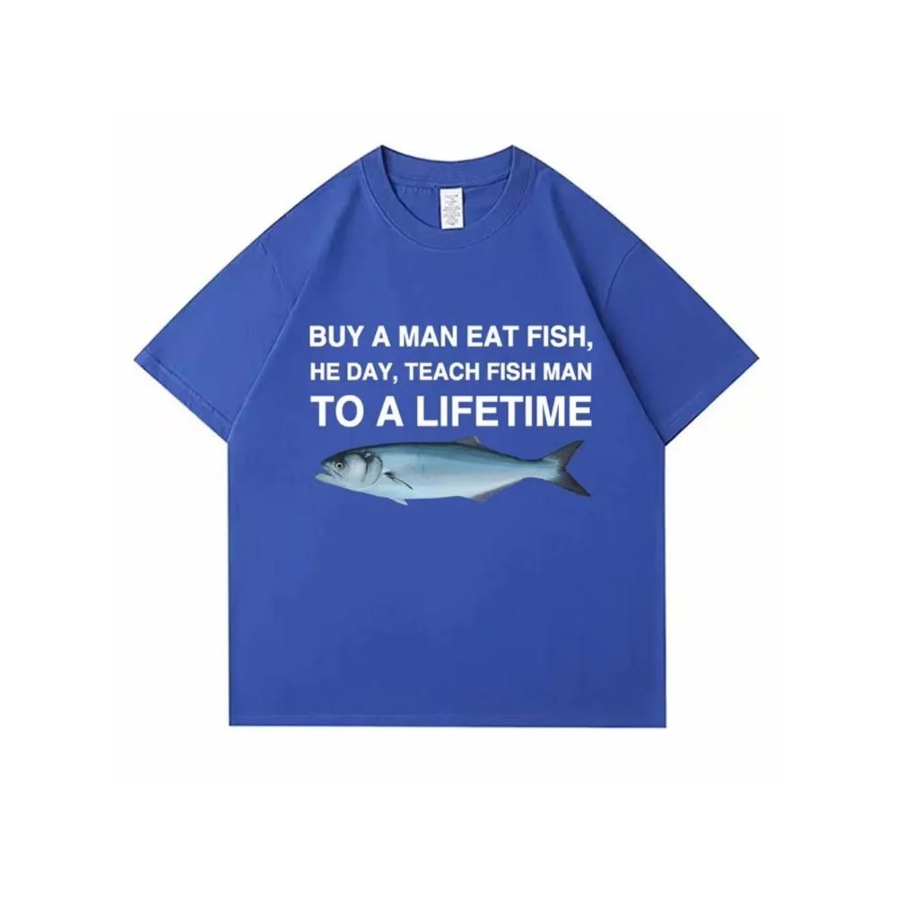 Купить футболку с забавным мемом «Человек ест рыбу, он учит рыбу на всю жизнь», унисекс, повседневная хлопковая мужская футболка, летние футболки большого размера