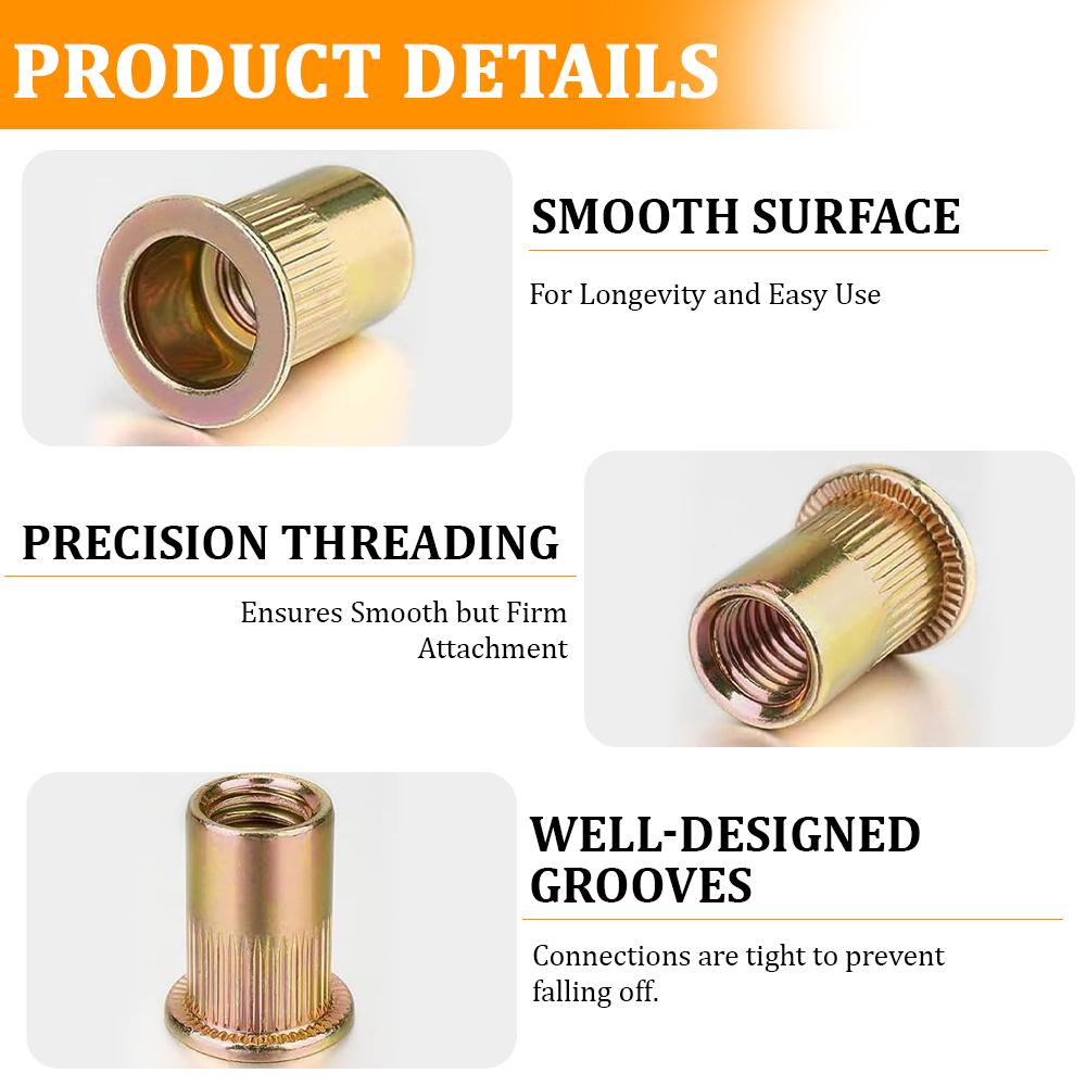 320PCS Zinc-Plated Rivet Nut Assortment M3-M12  Flat Head Vertical KnurledThreaded Rivet Insert Nutsert Cap Rivet Nu Sett