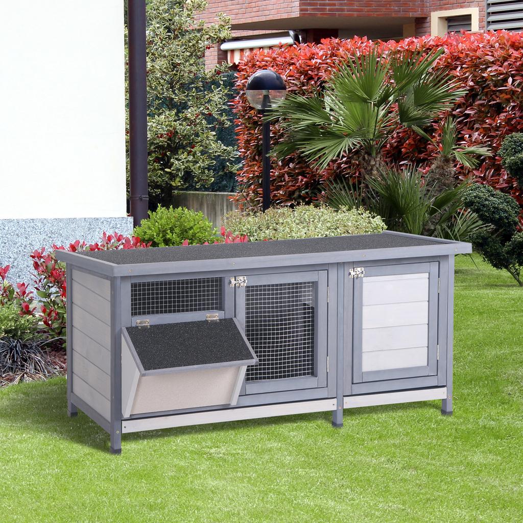 Winterproof wooden rabbit hutch, 112x50x54 cm, with bitumen roof, 2 doors, metal mesh, suitable for rabbits and guinea pigs, outdoor, grey and black