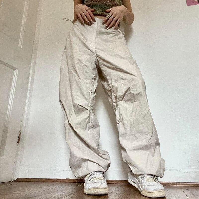 Casual Loose American Retro Cargo Pants Streetwear Drawstring Wide Leg Pants Women 2023 Fashion High-waist Ladies Trousers 27909