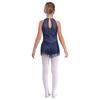 Girls Fringed Leotard Rhinestone Sheer Mesh Patchwork Keyhole Back Tassel Bodysuit Skating Dance Costume