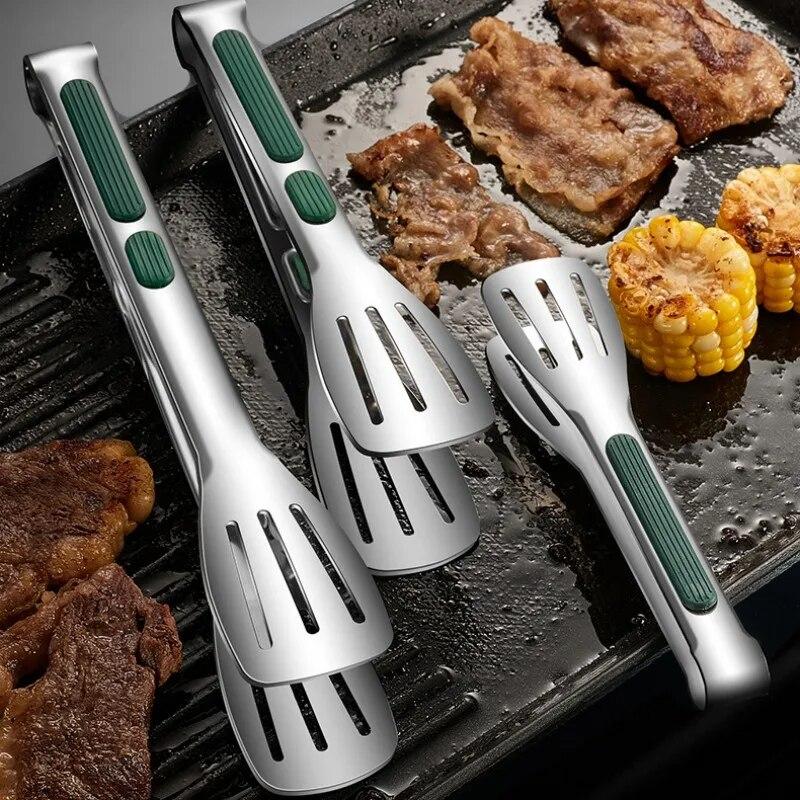 Щипцы для барбекю из нержавеющей стали 304, силиконовые нескользящие зажимы для еды, зажим для хлеба, зажим для стейка, термостойкость для барбекю, трехлинейный зажим, зажим для еды