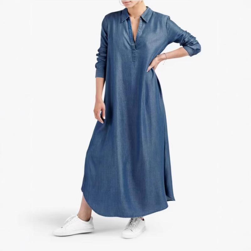 Платье макси из однотонного денима больших размеров: Платье А-силуэта с V-образным вырезом и длинными рукавами для женщин, повседневный, удобный, повседневный, шикарный наряд