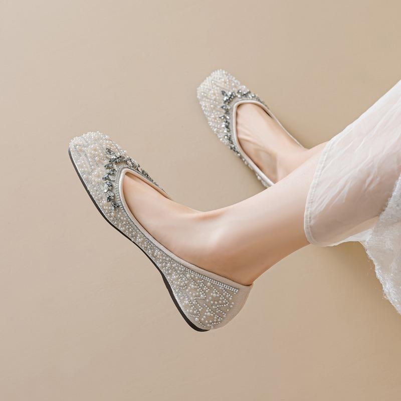 Туфли-лодочки с квадратным носком для женщин, неглубокие туфли со стразами, туфли на плоской подошве с мягкой подошвой