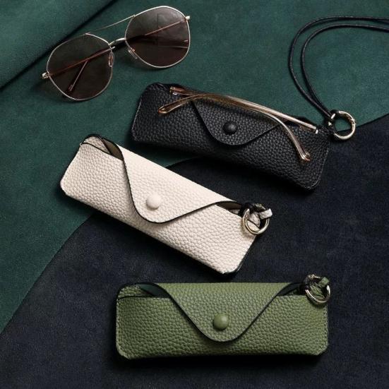 Portable Glasses Storage Bag with Lanyard Soft Faux Leather Sunglasses Case Women Men Myopia Eyeglass Organizer Outdoor Travel Glasses Carrying Bag