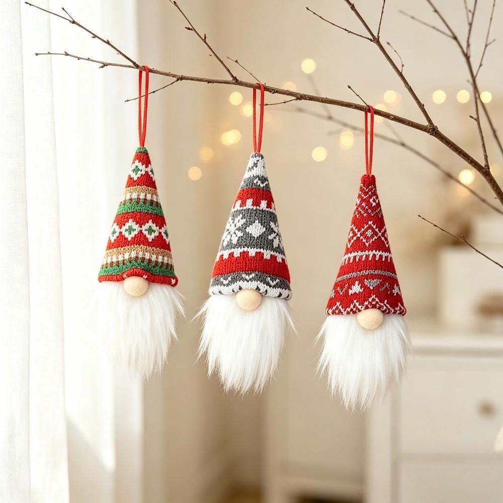 3Pcs Handmade Christmas Decoration Pendant Plush Gnomes Knitted Yarn Hanging Pendants Party Decor