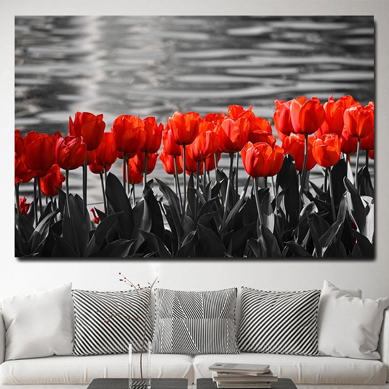 Красные поля тюльпанов, настенные картины, холст, живопись, цветочные полевые постеры и принты, цветочный пейзаж, настенное искусство для декора гостиной