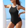 CHARMLEAKS Women One Piece Swimsuit Zipper Back Ribbed Swimwear Sporty Racerback High Neck Bathing Suit