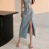 Длинная джинсовая юбка с высокой талией, женская, новая, чистое желание, винтажная, элегантная, синяя, сексуальная, с разрезом, облегающая, модная, юбка, лето 2024, женская