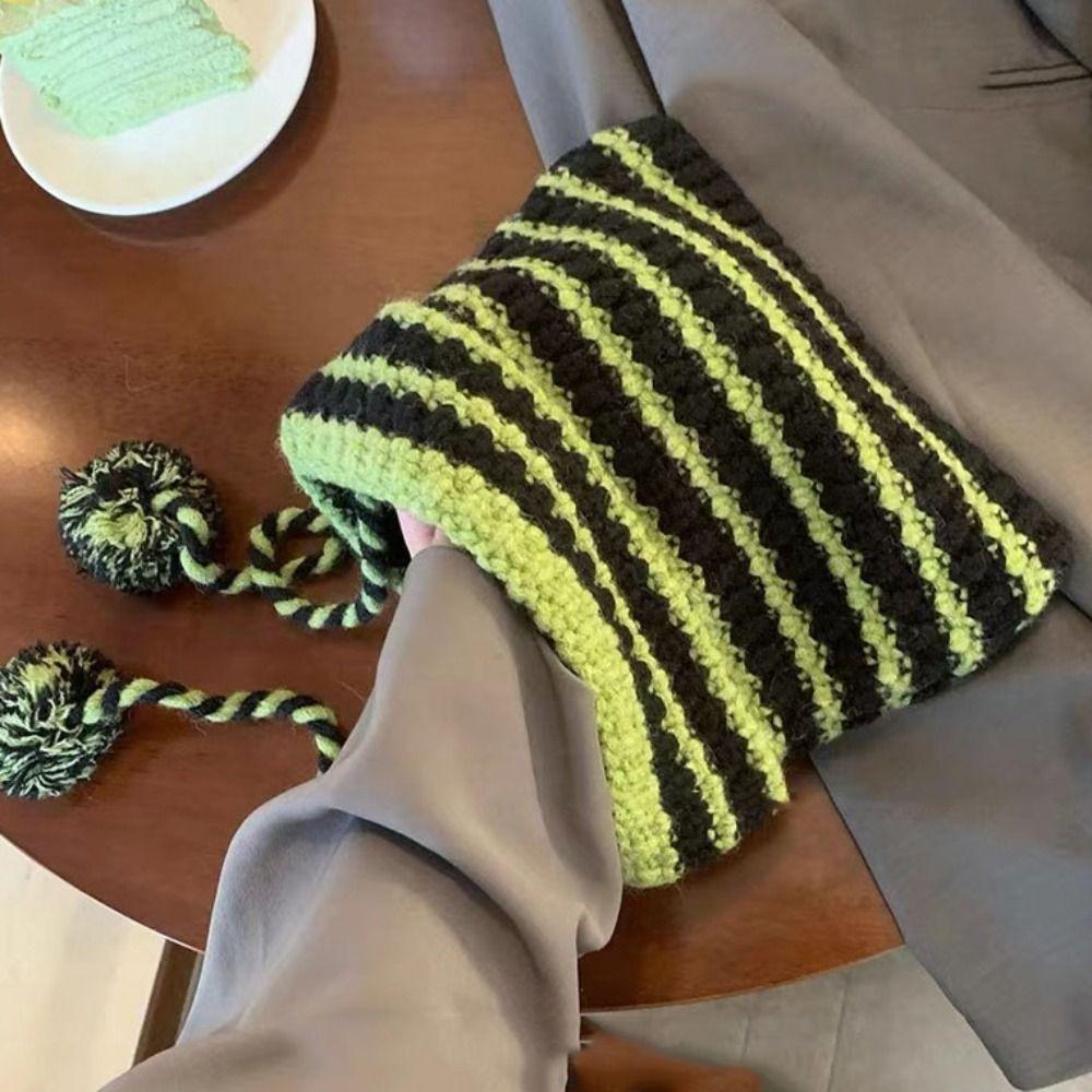 Шерстяная вязаная полосатая шапка-бини с милыми кошачьими ушками, остроконечная шапка-пуловер, вязаные шерстяные шапки, женская