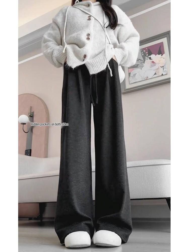 Женские брюки большого размера кофейно-коричневые с широкими штанинами и текстурой липкого риса - Весенне-осенние повседневные длинные брюки свободного кроя