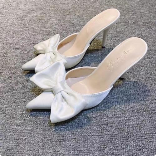 Мода 2025 Вирусные Мюли-шлепанцы с острым носком, на тонком каблуке, с бантом, без задника, женские мюли на блочном каблуке, ленивые полуслайды