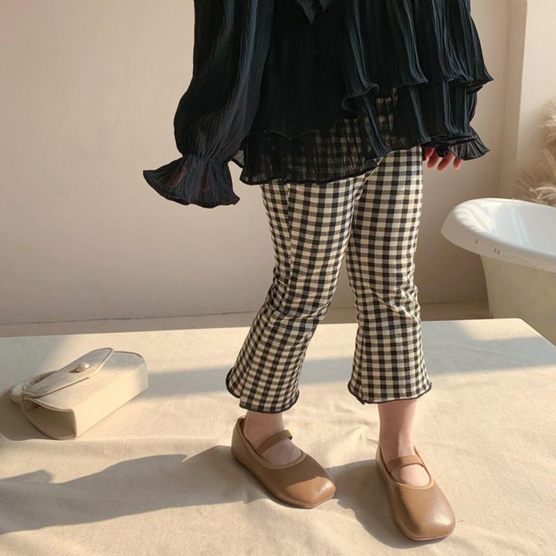 Детские повседневные расклешенные брюки для девочек, однотонные черные брюки в клетку