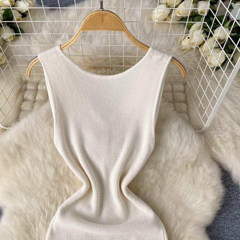 Foamlina Pure Color Knitting Dress для женщин Элегантный V-образный вырез без рукавов Летняя мода Тонкий вырез вечернее длинное платье