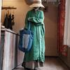 Винтажное зеленое льняное платье с эффектом старения и снежинками, Арт-Зен свободное платье-халат
