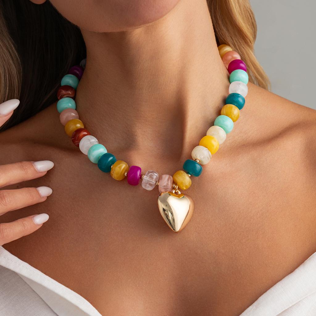 DIEZI Bohemian Resin Beads Heart Pendant Necklace For Women Girls Party Candy Color Fashion Statement Chain Necklace Jewelry