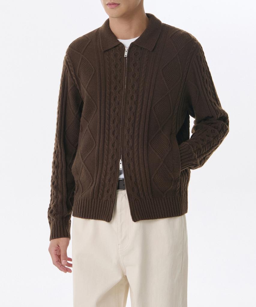 MUSINSA STANDARD Aran Cable Collared Knit Zip-Up [Brown]