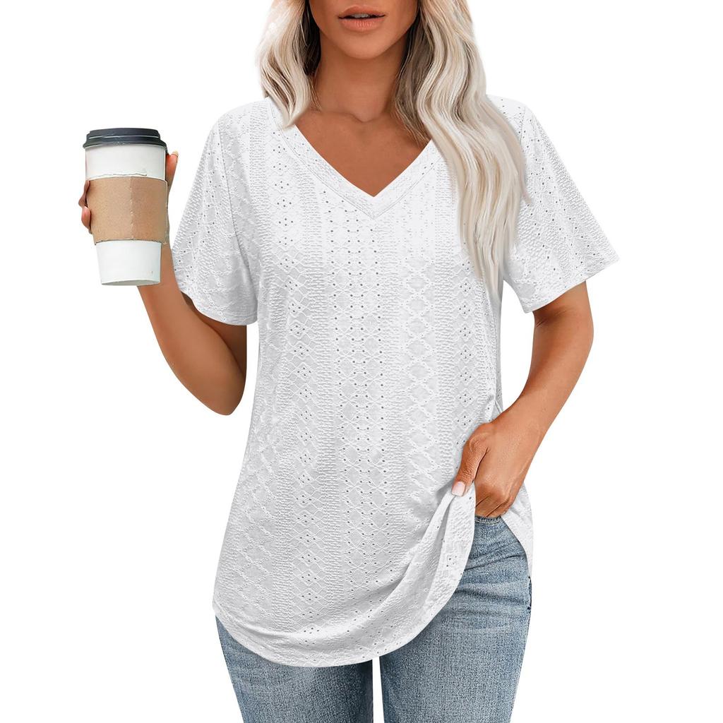 Womens T Shirts V Neck Short Sleeve Casual Tops Loose Fit Basic Tees With Curved Hem