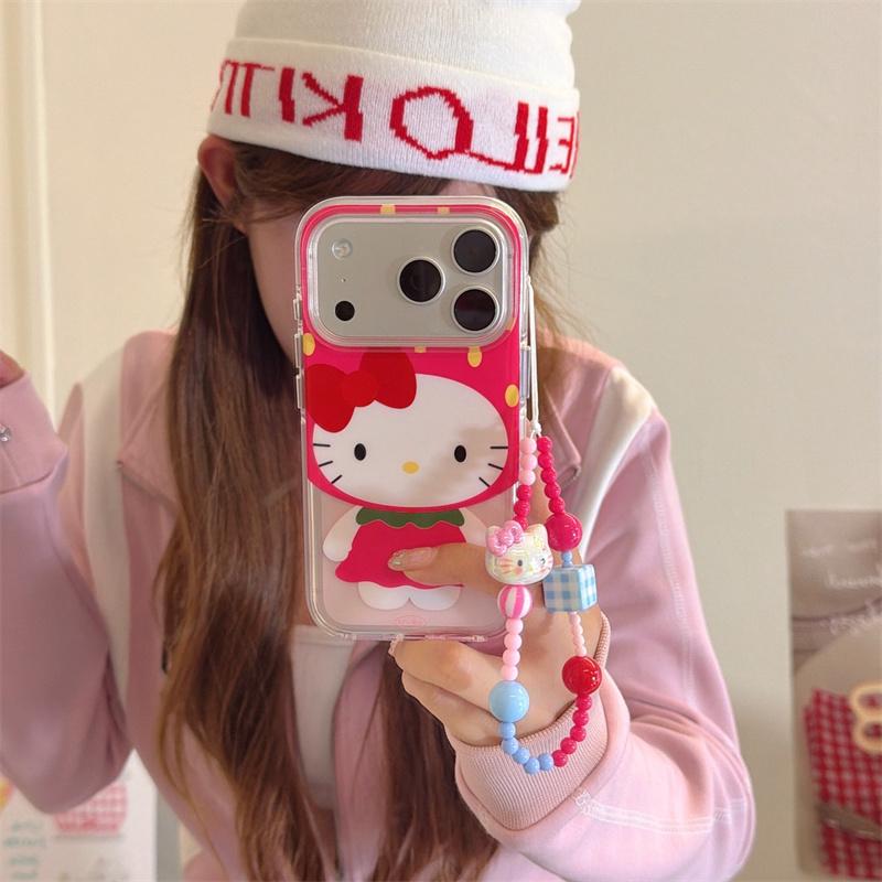 Kawaii Red Bow Cat Case For iPhone 17 16 15 14 Pro Max with Strawberry Outfit, Beaded Strap and Airbag Bumper Shockproof Cover