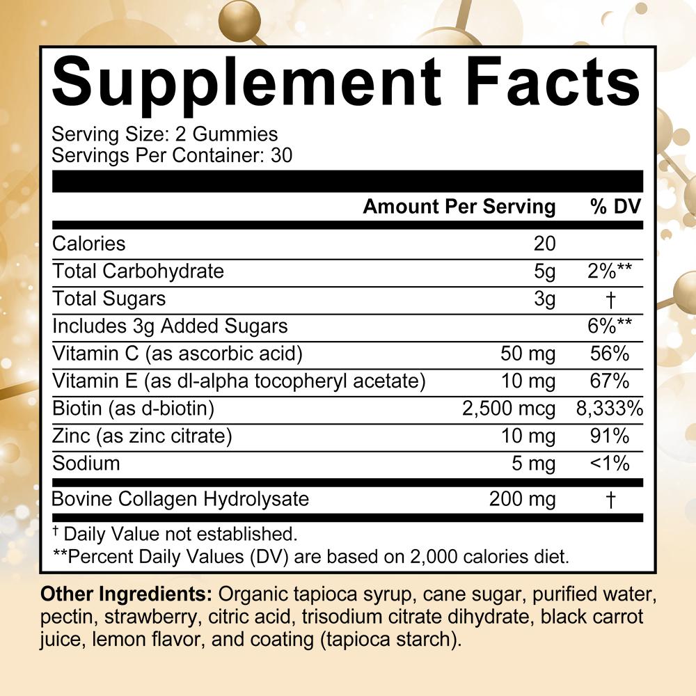 Collagen Plus Biotin Gummies, Hydrolyzed Collagen Peptides Type I & III with Vitamin C Vitamin E Zinc, Non‑GMO,60 Gummies