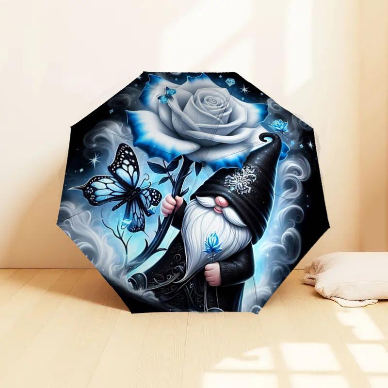 Blue Rose Butterfly Gnome: Automatic Opening Folding Umbrella with 8-Bone Iron Frame - Perfect for Fans, Travelers, Daily Use, and Festive G