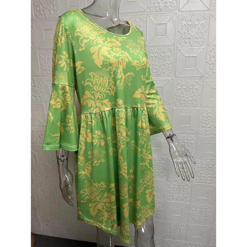 Весна Осень Элегантный Пригородный Круглый Вырез Печати Семь Рукавов Большого Размера Платье Для Женщин