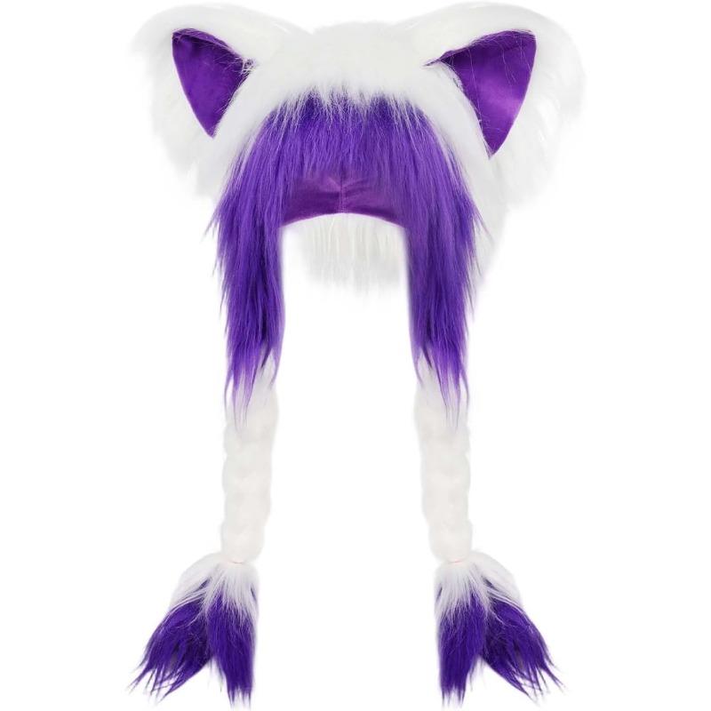 Cute Plush Cat Hat, Soft Furry Animal Ear Hat with Braids Winter Warm Earmuffs Head Mask Cosplay Accessory