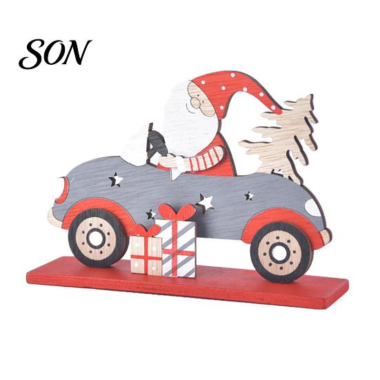 Small Wooden Holiday Figurine Vintage Santa Driving Figurine, Car Tabletop Ornament Winter Festival Tiered Tray Decorations with Christmas Tree,