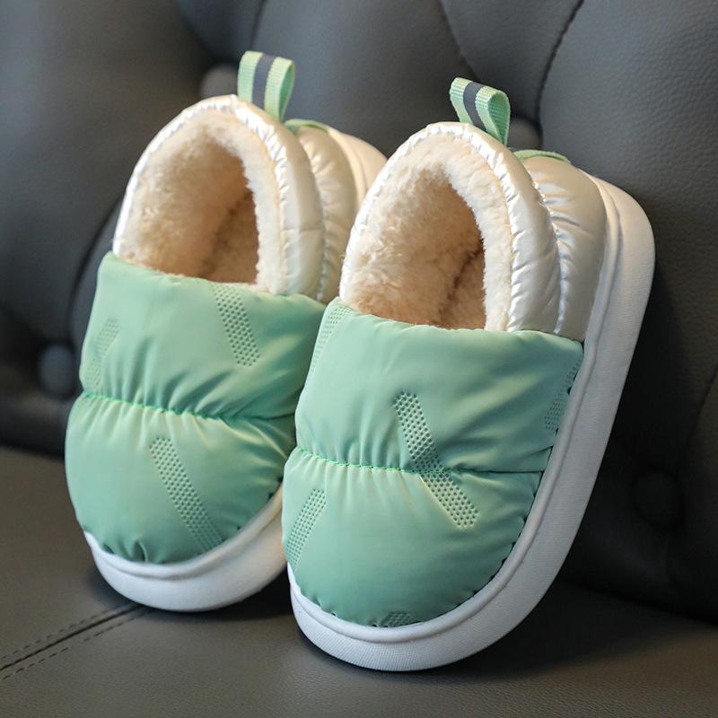 Детские зимние водонепроницаемые хлопковые тапочки, модные тапочки для малышей, мальчиков и девочек, нескользящая пятка, теплая плюшевая высокая домашняя обувь