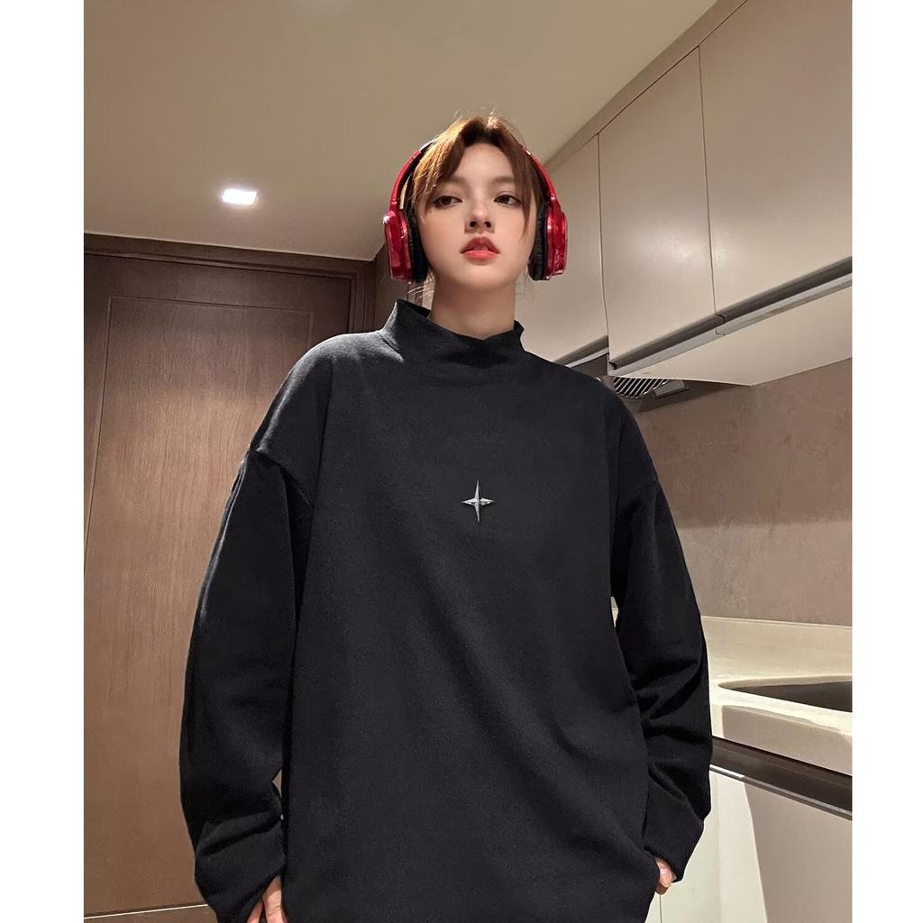 Женская осенняя толстовка с воротником-половиной, весенняя рубашка с капюшоном, винтажный пуловер со звездами Y2K, черно-белые топы