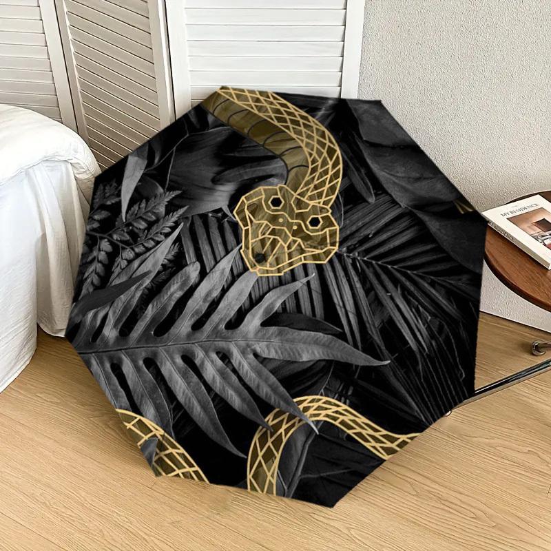 1pc Golden Snake on Dark Leaves Umbrella with Plastic Handle,Suitable for All Seasons Home Travel Outdoor UmbrellaDD832