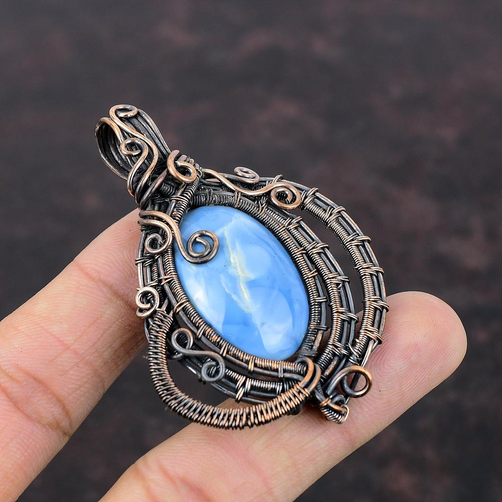 Подвеска из драгоценного камня Owyhee Blue Opal, подвеска из медной проволоки, ювелирное изделие ручной работы, дизайнерская подвеска для подарка, красивые медные украшения