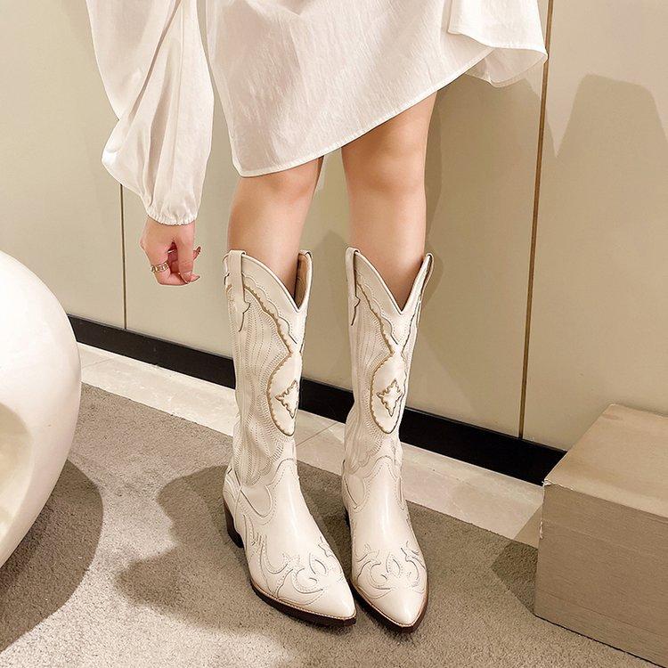 Fashion Women's Embroidered Western Mid Calf Boots Cowboy Square Heels Boots Pointed Toe Platform Boots Women Western Shoes Plus Size 42