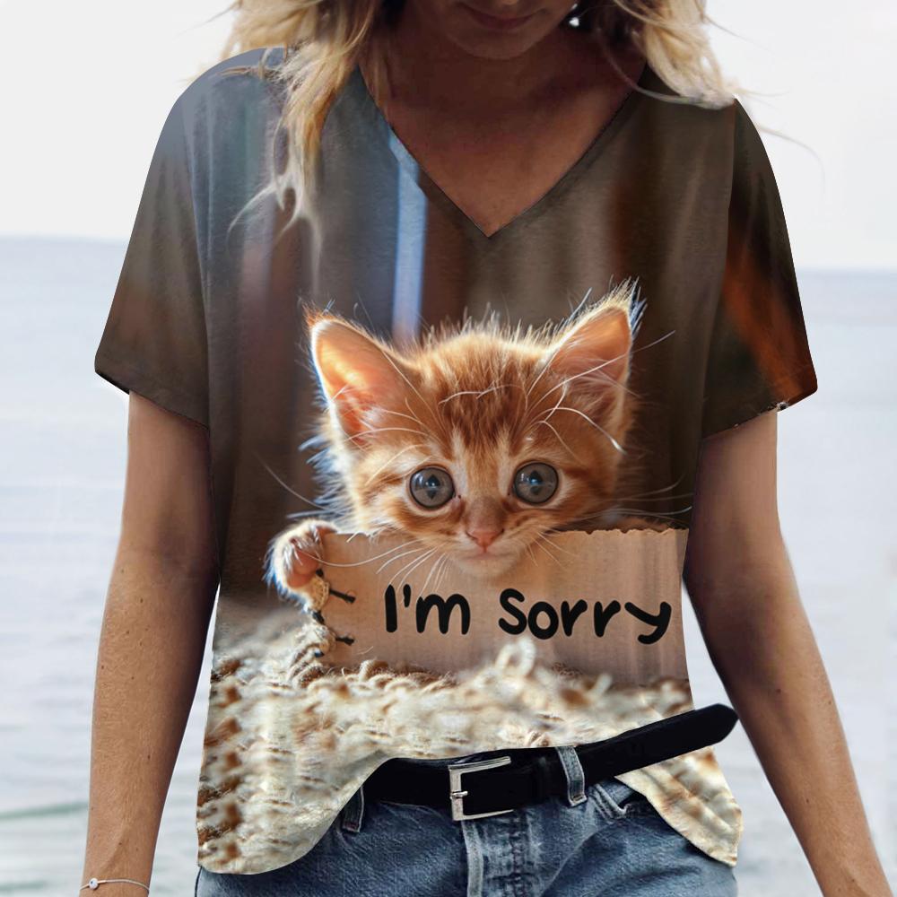 Летняя футболка с принтом «Забавный кот, извини», 3D, женская уличная одежда, повседневные футболки, топы Y2k, женские футболки с V-образным вырезом в стиле Харадзюку, свободная одежда