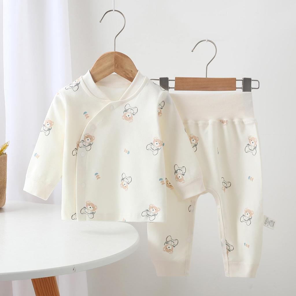 Комплект для новорожденных из чистого хлопка, осенне-весенний, с высокой талией и защитой животика