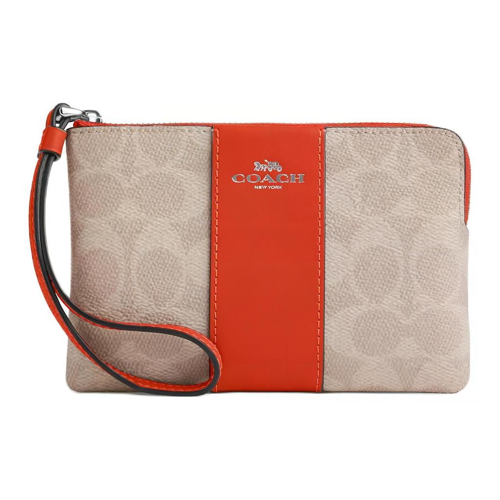 Coach Signature Canvas Zip Wristlet with Orange Stripe & Wrist Strap for Daily Use