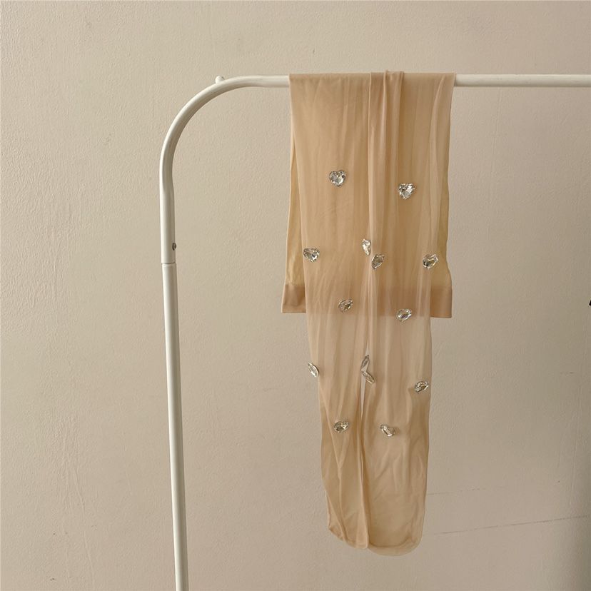 Unique Design Handmade Rhinestone Heart Coveralls Socks - Cool & Sweet Thin Exquisite Silk Pantyhose for Women, White Anti - Snag Stockings