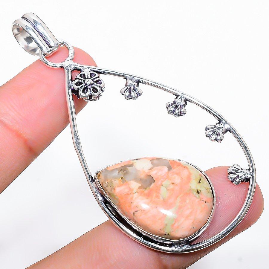 Unakite Gemstone Handmade 925 Sterling Silver Jewelry Pendant 2.56"