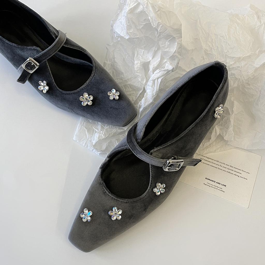 Sheepskin Version~ French Rhinestone Flower Inner Height Increase Small Square Head Light Mouth Single Shoes Women's Word with Silver Mary Jane Shoes