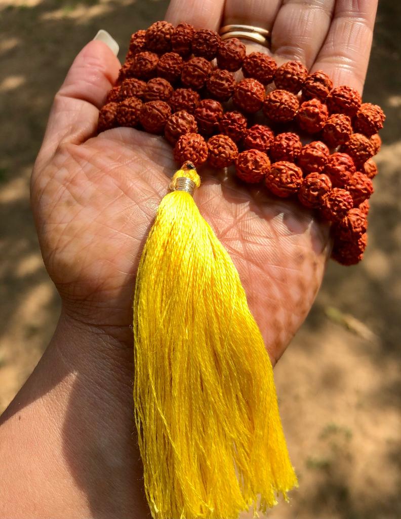 LAB CERTIFIED 108+1 Bead Indian Origin Rudraksha Mala 5 mukhi 5 faces, Lord Shivas Rosary Jaap Mala Yoga Prayer Healing, UNKNOTTED, Yellow
