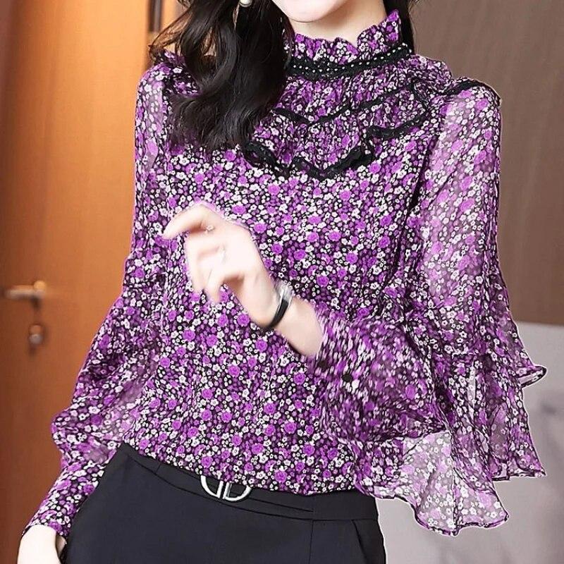 Fashion Chiffon Shirt Spring Autumn Ruffle Edge Stitching Bottoming Blouse New Long Sleeved Thin Top M-4XL