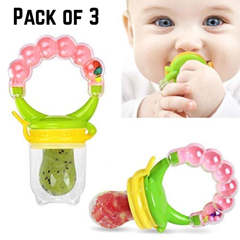 Pack of 3 Baby Rattle Fruit Feeder Set | Silicone Fresh Food Feeder with Rattle Handle for Babies | Infant Feeding Kit