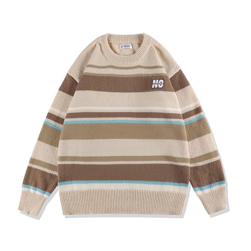 Мужской свободный полосатый свитер с круглым вырезом, осенний вязаный пуловер большого размера, зимний теплый трикотаж