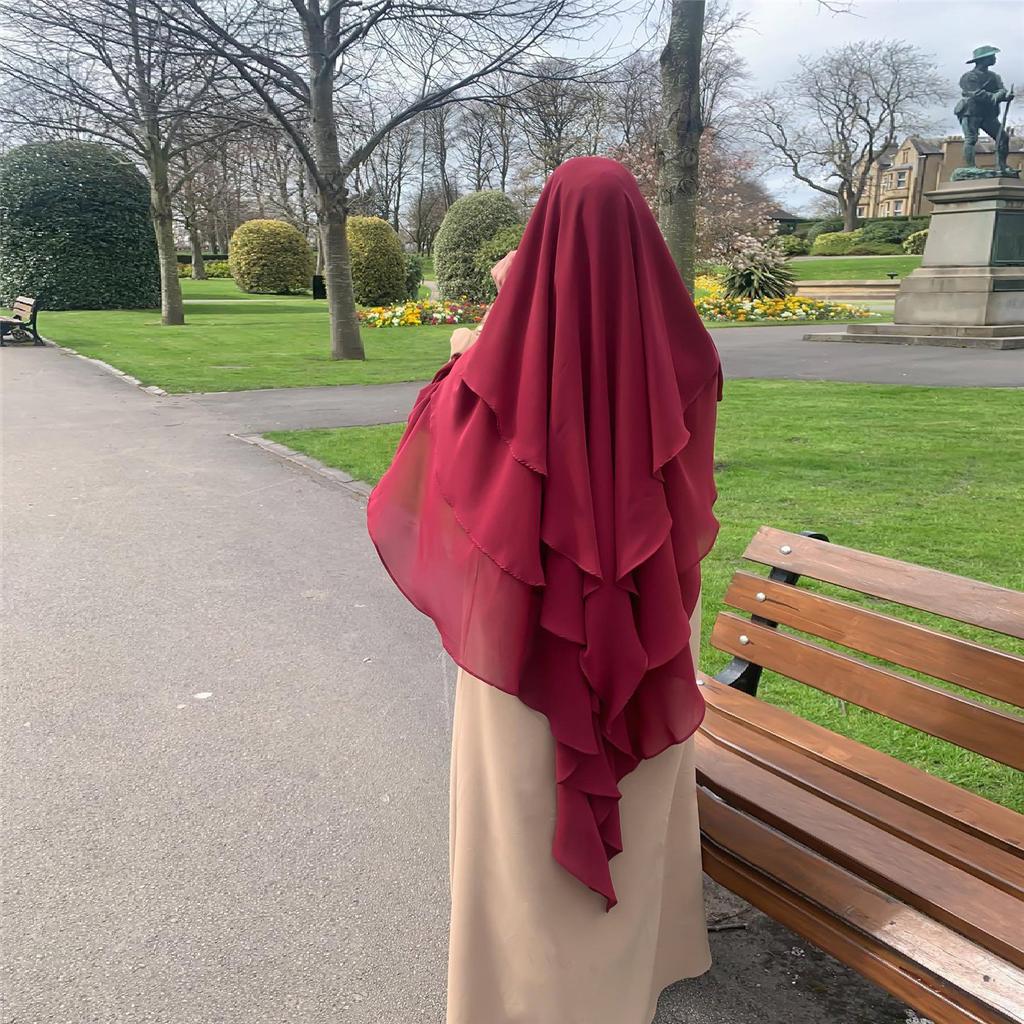 Однотонный трехслойный шифоновый хиджаб для молитвы, химар, однотонный арабский турецкий шаль, головной платок 136*120см