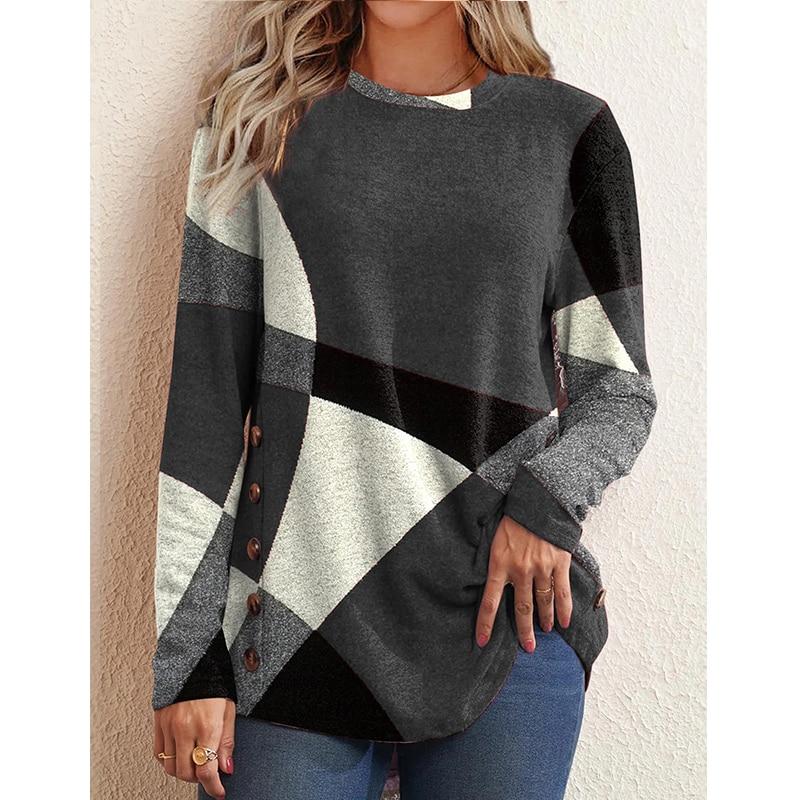 Spring Fashion Contrast Color Printing T-shirt Tops O-neck Long Sleeve Loose Casual Pullover Tee Oversized Women Clothing