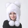 Women's Bomber Hat Real Fox Fur Trapper Cap with Pompom, Knitted Earflap Russian Winter Hat for Snow Outdoor Cold Weather