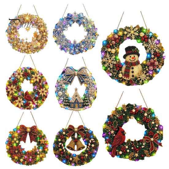 DIY Holiday Craft for Adults Christmas Diamond Painting Wreath Kit with LED String Lights, Snowman Pearl Art Hanging Ornament Adults, Acrylic