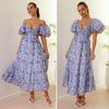Women Evening Dress Bubble Sleeves Low-cut Off Shoulder Colorful Print A-line Big Hem Patchwork Hollow Out Pleated